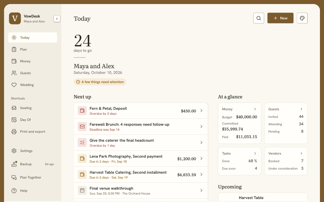 VowDesk Today screen: the countdown to the wedding, what needs attention next, and money, guests, tasks and vendors at a glance