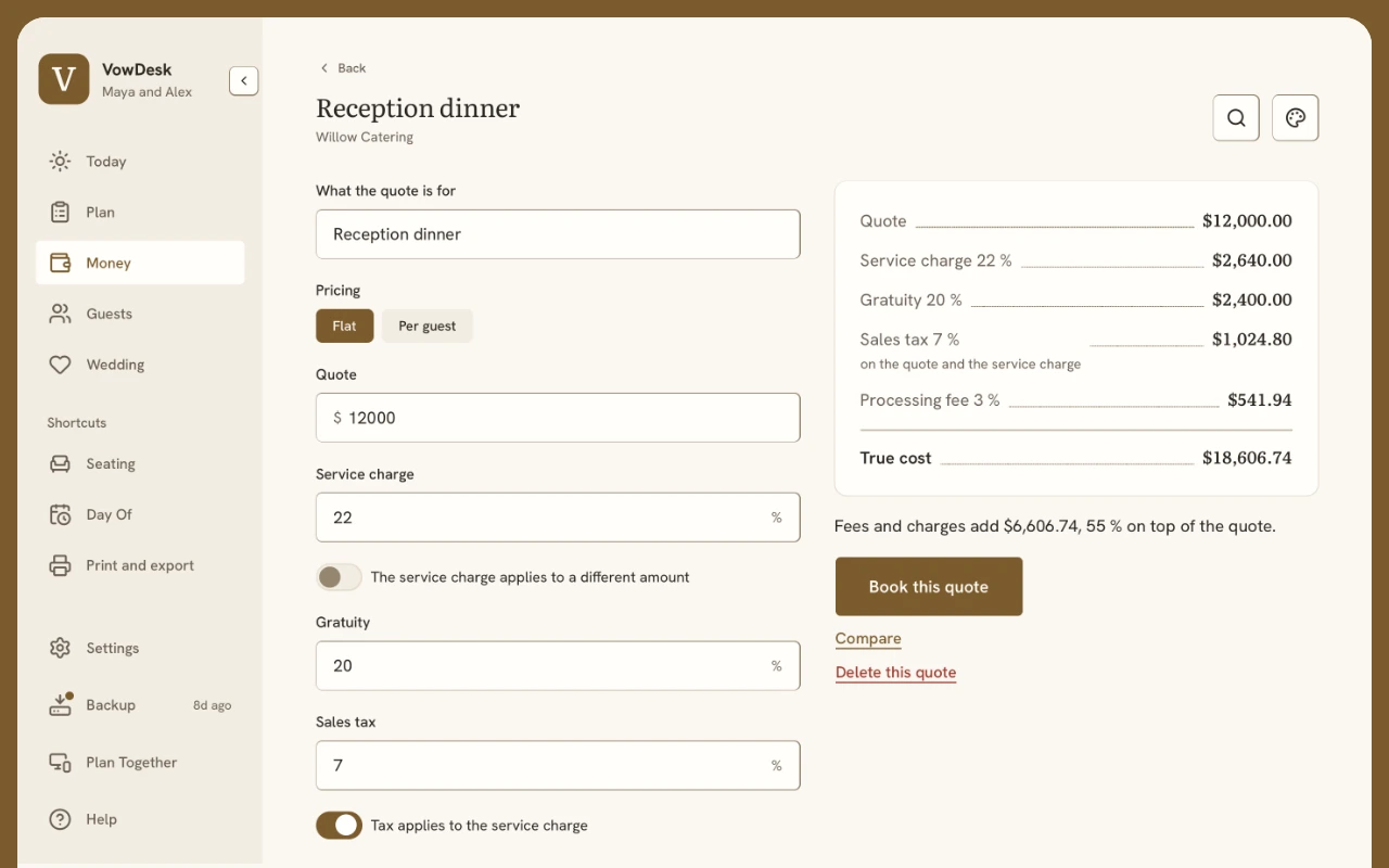 A catering quote in VowDesk: $12,000.00, then the service charge, gratuity, sales tax and processing fee, and a true cost of $18,606.74